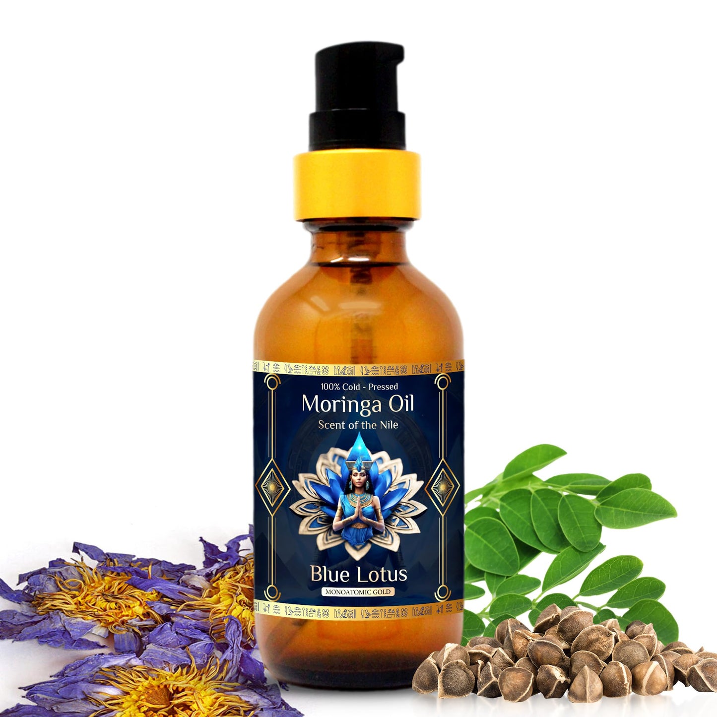 Pure Organic Moringa Oil with Blue Lotus Flower | Deep Hydrating & Anti-Aging Ritual Oil for Skin, Hair & Nails | Premium 100% Cold Pressed Luxury Moringa, Nourishes & Hydrates Skin 1oz.
