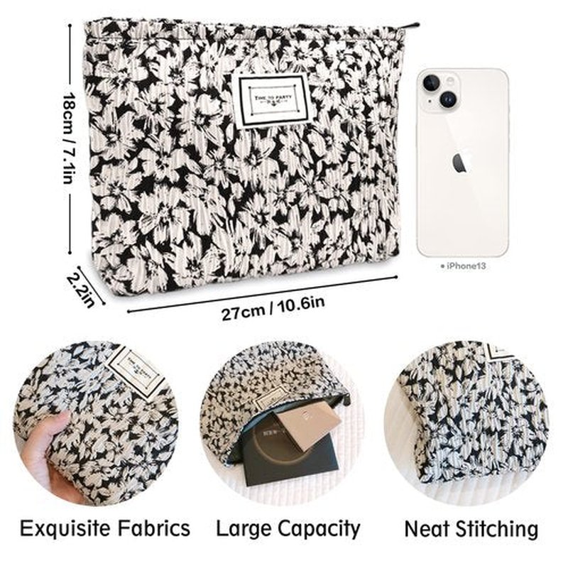 STARDW Floral Cosmetic Bags Makeup Bags for Women and Girls,Travel Makeup Bag Large Capacity Canvas Makeup Bag,Makeup Organizer Bag Zipper Pouch (White Flowers)