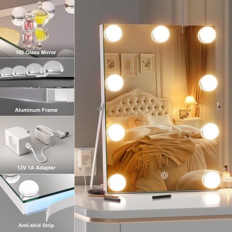 Hasipu Vanity Mirror with Lights, 9.8" x 13.8" Hollywood Mirror, Makeup Mirror with 9 Dimmable Bulbs, Smart Touch 3 Colors Dimmable, 360° Rotation, White