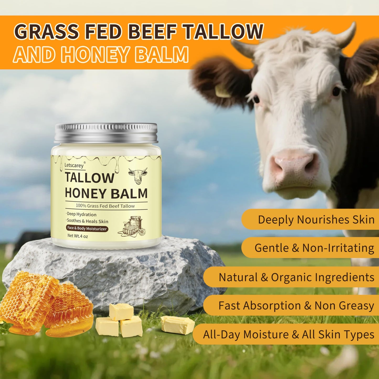 Letscarey Beef Tallow for Skin, Whipped Tallow and Honey Balm For Face, Grass Fed Beef Tallow Moisturizer Cream Deeply Nourishment for Dry skin, Natural Unscented Tallow Face Moisturizer