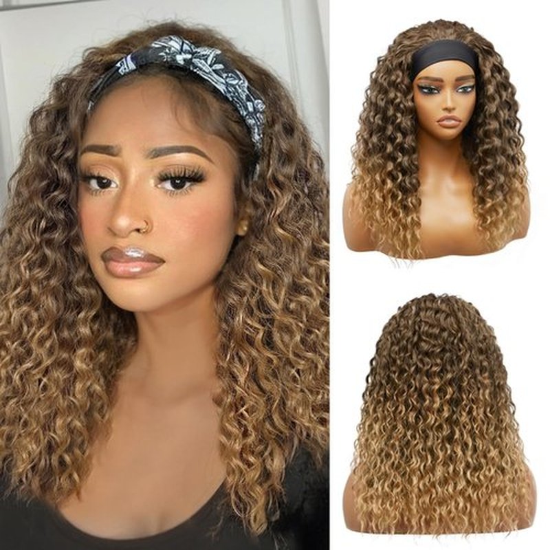 cuiud Ombre Brown Headband Wigs Water Wave 20 Inch Brown Curly Headband Wigs for Black Women Synthetic Glueless Half Wig Curly Wave Wig None Lace Front Wig （Ombre Brown）