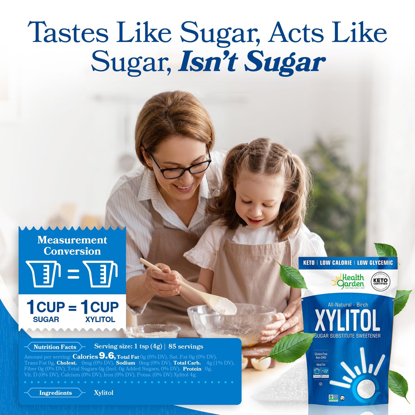 Health Garden Birch Xylitol Sweetener, 15 oz Bag – 100% Birch-Derived Xylitol Sugar Substitute for Baking & Coffee, 1:1 Sugar Replacement, Supports Teeth, Keto, Vegan, Non-GMO