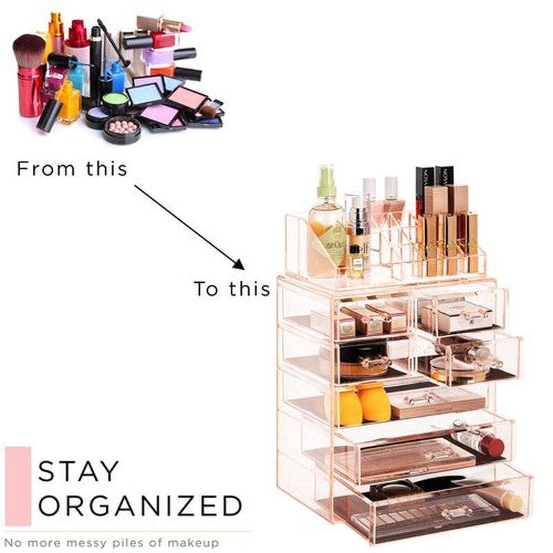 Sorbus Clear Cosmetic Makeup Organizer - Make Up & Jewelry Storage, Case & Display - Spacious Design - Great Holder for Dresser, Bathroom, Vanity & Countertop (3 Large, 4 Small Drawers) [Pink]