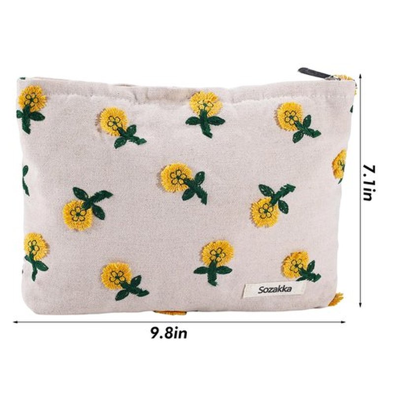 ZLFSRQ Daisy Flower Makeup Bag Travel Cute Floral Cosmetic Bags for Women Large Floral Embroidery Makeup Pouch Zipper Cosmetic Pouch for Purse Aesthetic Makeup Organizer Bag Portable Toiletry Bag