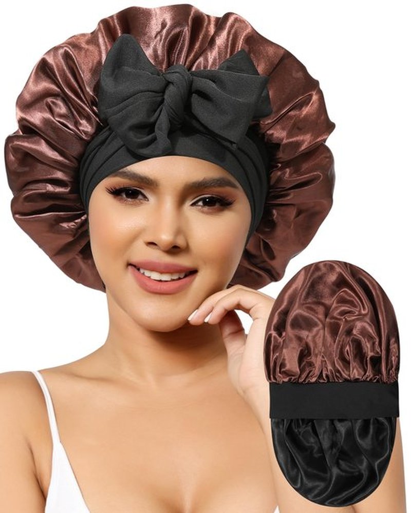 Satin Bonnet for Women Silk Bonnets for Sleeping Curly Hair Bonnet with Elastic Tie Band Reversible Double Layer Sleep Cap Hair Wrap (Black +Brown)