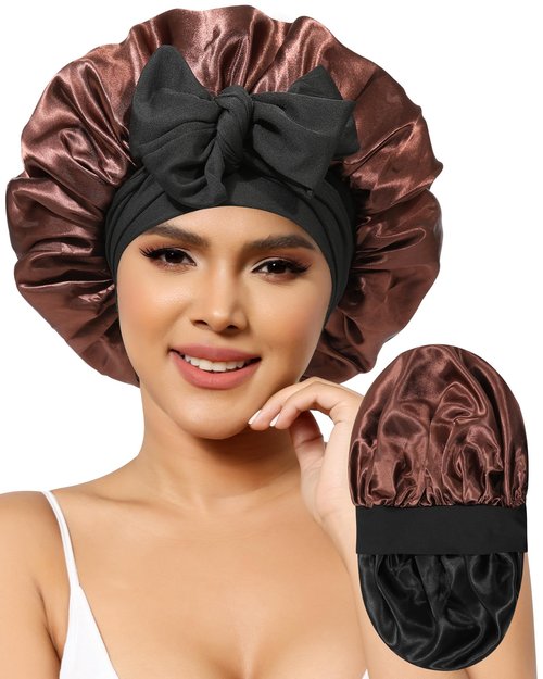Satin Bonnet for Women Silk Bonnets for Sleeping Curly Hair Bonnet with Elastic Tie Band Reversible Double Layer Sleep Cap Hair Wrap (Black +Brown)