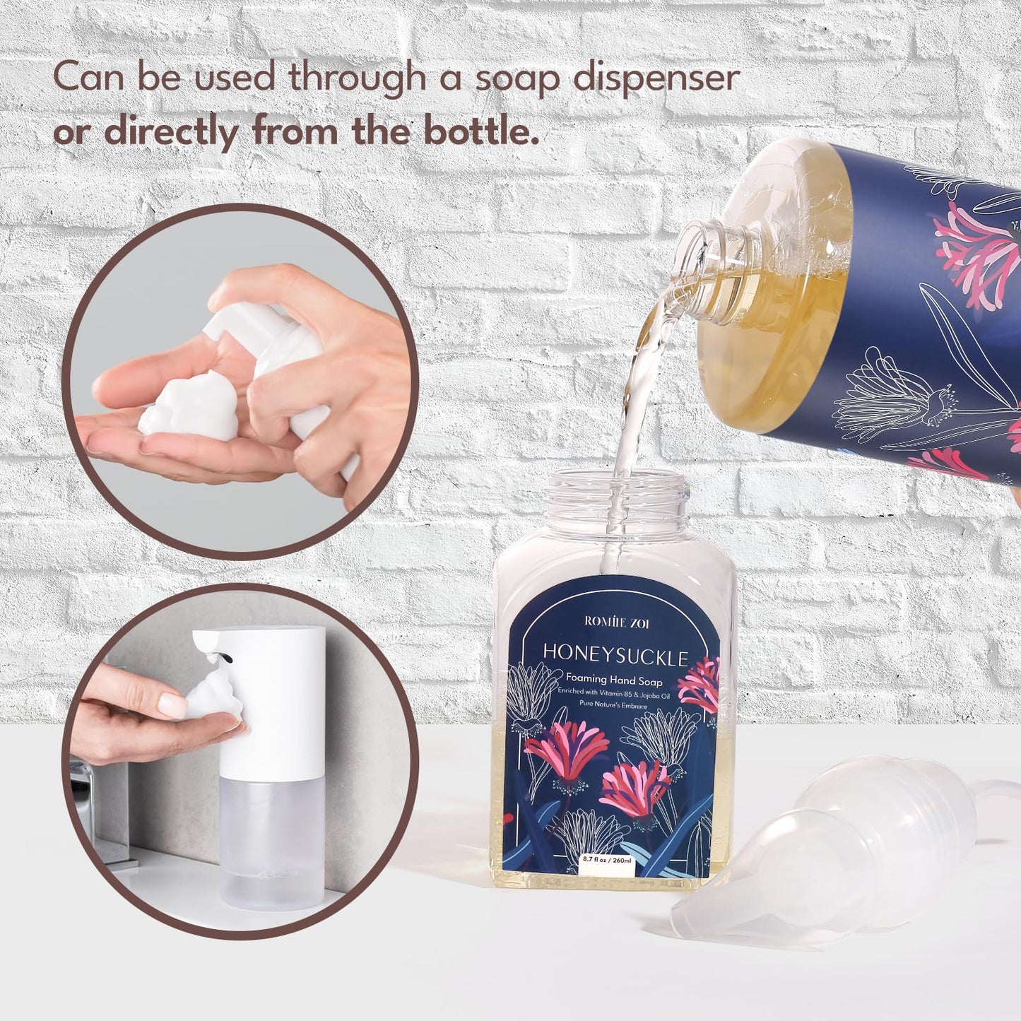 ROMIIE ZOI Foaming Hand Soap Refill Gift Set – Honeysuckle Scent – 3 Pack (1000ML Each) with Dispenser, Gentle & Moisturizing Plant-Based Formula – Bulk Refill Bottles for Bathroom & Kitchen Use