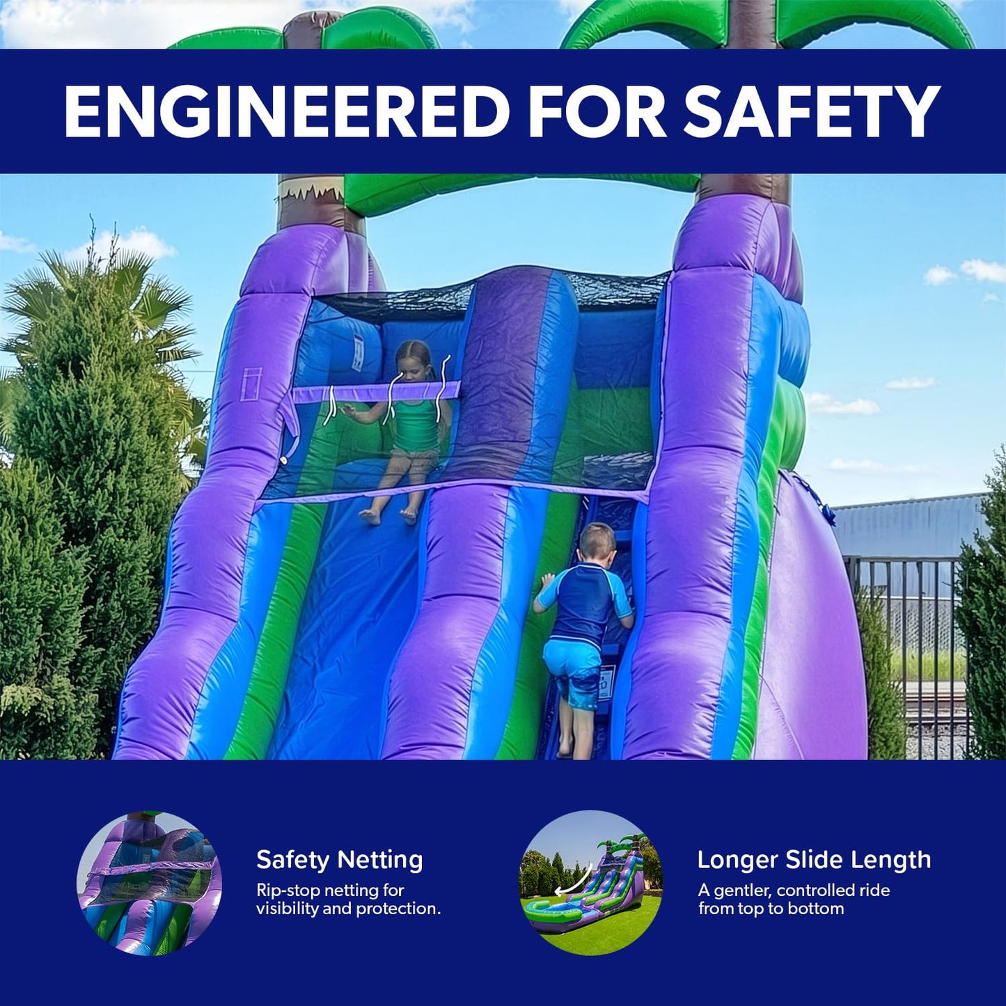 HeroKiddo 16ft Tropical Inflatable Water Slide with Pool, 25ft Long- 100% Commercial Grade PVC Vinyl, Reinforced Strength Wet/Dry Fun, Front Load Entry for Easy Supervision