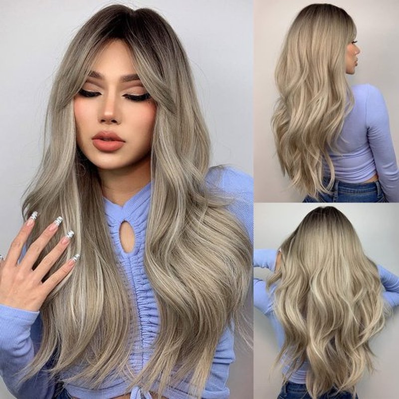 BERON Ombre Gray Wigs Long Wavy Women Wigs with Bangs Gray Blonde Curly Heat Resistant Synthetic Wigs for Daily Wigs Wig Cap Included