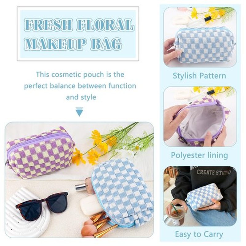 ZLFSRQ 2Pcs Checkered Makeup Bag for Women Travel Medium Small Cosmetic Bag Set Cute Blue Purple Makeup Pouch Purse Zippered Toiletry Bag Organizer Cute Y2K Trendy Aesthetic Makeup Brushes Storage Bag