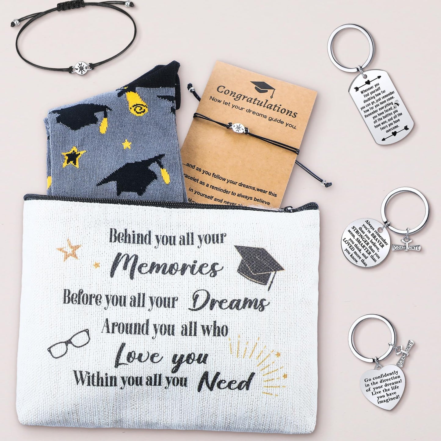 Jiuguva 24 Pcs Graduation Gifts Set Include 6 Grad Socks 6 Makeup Bags 6 Keychains 6 Compass Wristbands Congrats Grad Class of 2026 Graduation Gift for Her Him