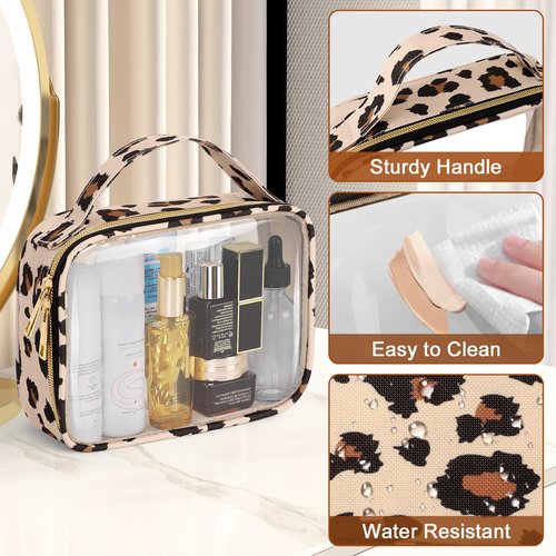 Wedama TSA Approved Toiletry Bag, 3 Pack Clear Makeup Bags with Handles, Quart Size PVC Clear Cosmetic Bags for Women and Men, Carry on Airport Airline Compliant Bag, Leopard Print