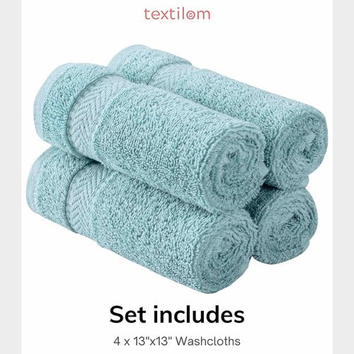 TEXTILOM Washcloths for Body and Face – Hotel and Spa Quality & Soft & Absorbent & Quick Dry Wash Cloths for Your Body – 100% Turkish Cotton Wash Clothes Towel Set of 4 (13 x 13 inches) - Aqua