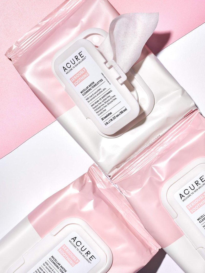 ACURE Micellar Water Towelettes - Soothing Makeup Remover for Sensitive Skin | 100% Vegan | Rose & Cucumber - 1 Pack