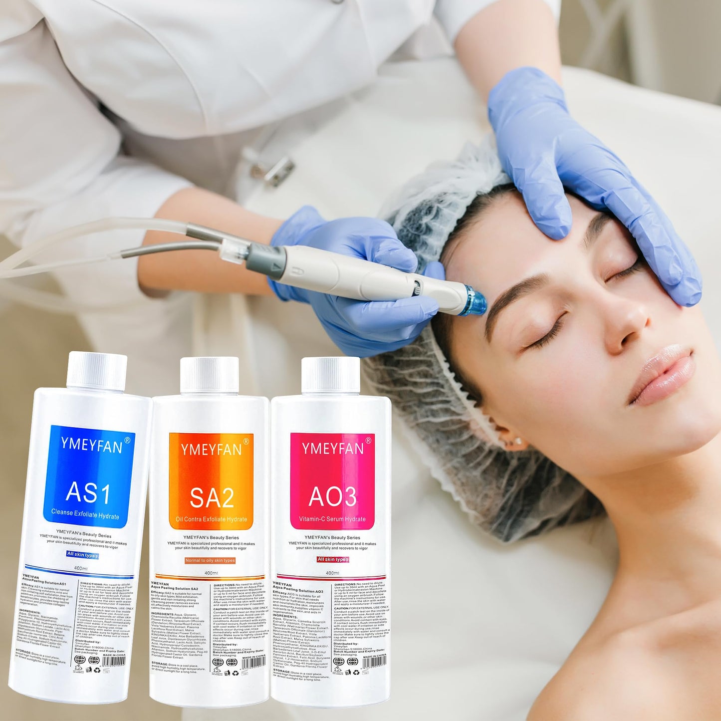 YMEYFAN AS1 SA2 AO3 Aqua Peeling Solution(English Ver.), Hydro Facial Solution for Hydrogen Oxygen Facial Machine Professional, Hydrating Serums for Facial Cleansing, Nourishing, Exfoliate(400ml/3Pcs)