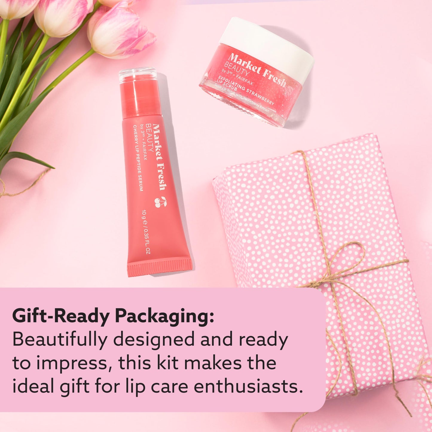 Market Fresh Beauty Lip Peptide Treatment - with Exfoliating Strawberry Scrub and Cherry Serum - for Hydrating, Plumping, Clean Beauty Lip Care