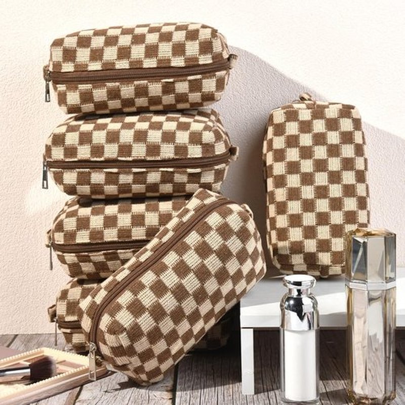 SOIDRAM Checkered Makeup Bag Preppy Cosmetic Bag Bulk Brown Makeup Pouch Personalize Travel Toiletry Bag Organizer Cute DIY Makeup Brushes Storage Bag for Women