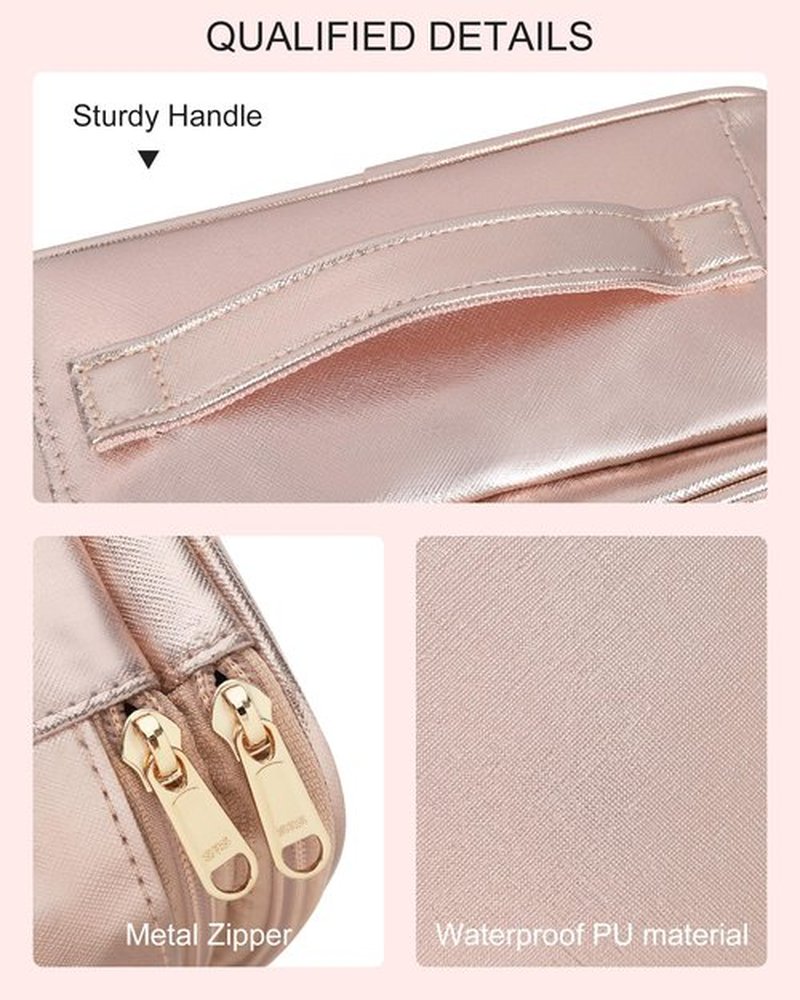 Relavel Makeup Bag, Small Travel Makeup Bag, Portable Cosmetic Case for Women, Double-layer Makeup Organizer Bag, Toiletry Bag for Women for Mother's Day (Rose Gold)