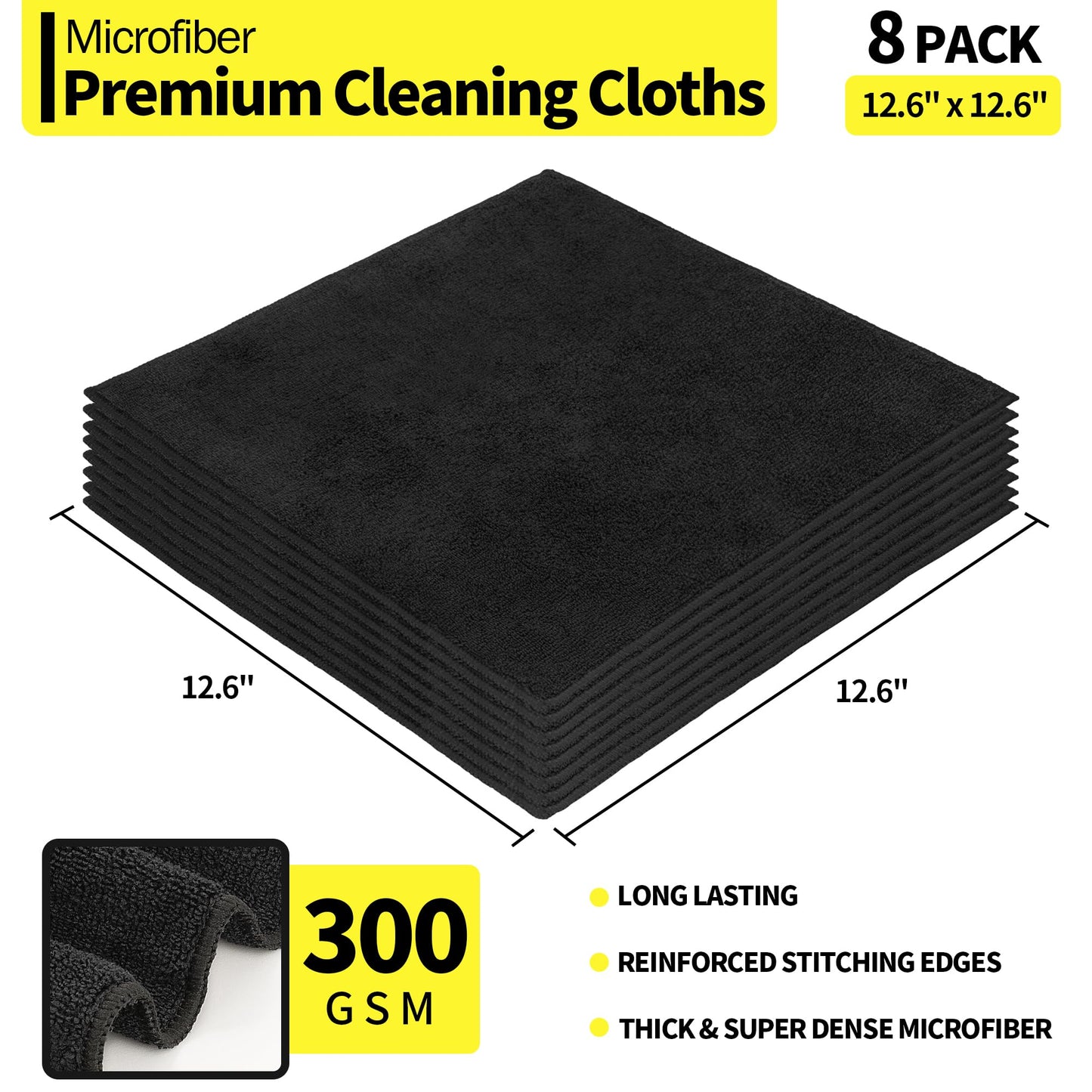 HOMERHYME Microfiber Cleaning Cloth, Premium 8 Pack Cleaning Towels, Lint-Free & Streak-Free Ultra Absorbent, 300GSM Reusable Microfiber Towel for Cars Shop Garage Home and Kitchen, 12.6" x 12.6"