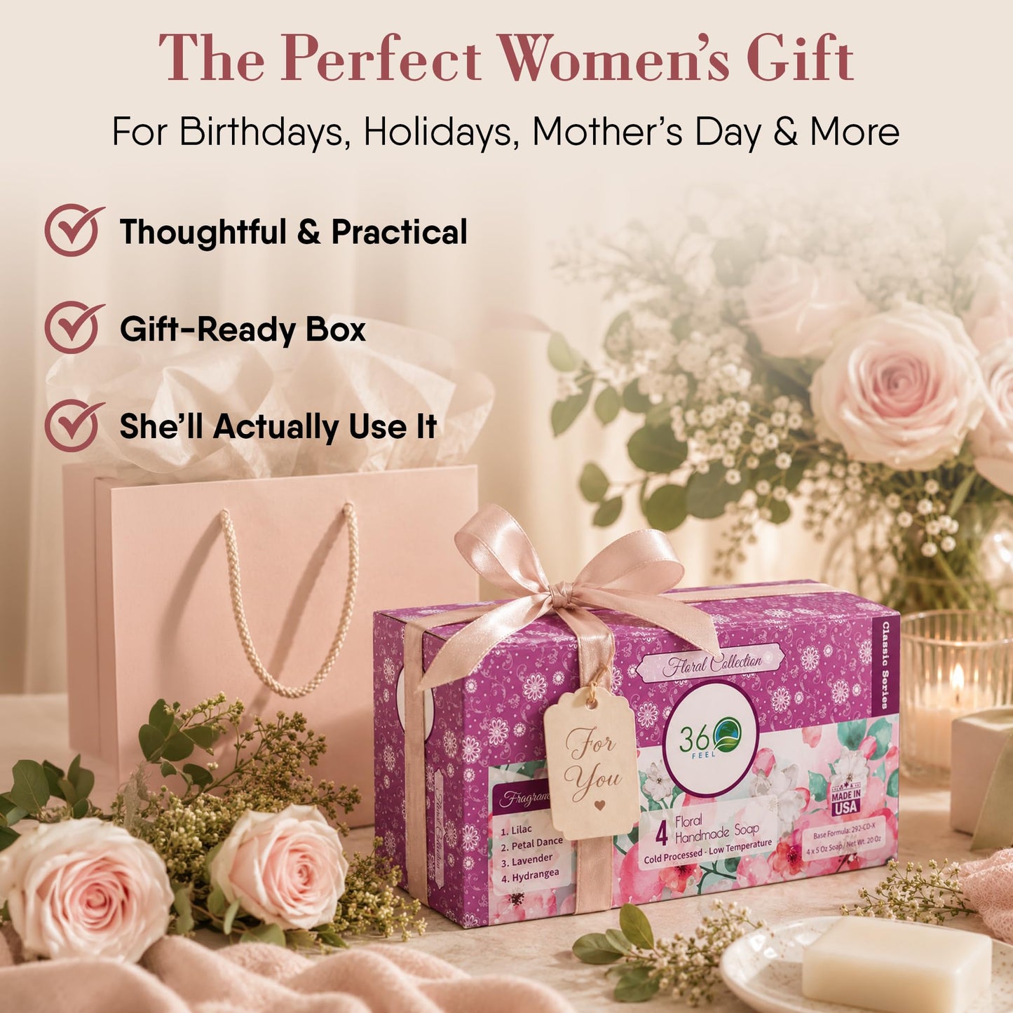 360 Feel - Floral Bar Soap Set - Made in the USA - Castile Handmade All Natural Cold Processed - Infused with Lavender, Lilac , Hydrangea & Petal Dance - Moisturizing Skin Care - (5oz, 4-Pack)