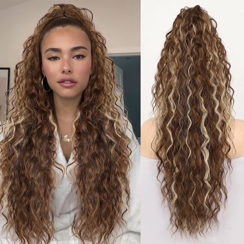 ORSUNCER Ponytail Extension Claw 30" Curly Pony Tail Clip in Claw Hair Extensions Fluffy Natural Looking Synthetic Hairpiece for Women Light Brown Highlight