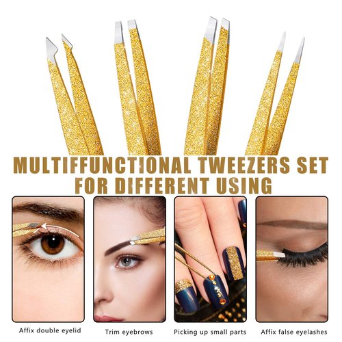 Amytor Eyebrow Tweezer Set, 4 Pcs Professional Stainless Steel Tweezers for Women, Precision Tweezer for Facial Hair, Splinter and Ingrown Hair Removal（Glod）