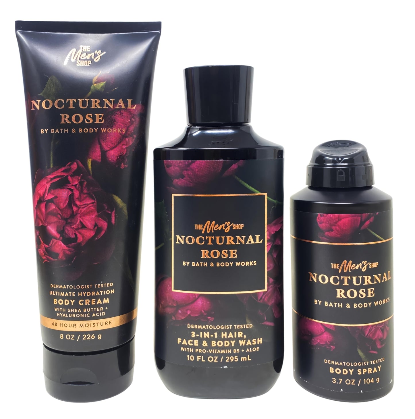 Bath & Body Works The Men's Collection Nocturnal Rose Ultimate Hydration Body Cream, 3-in-1 Hair, Face & Body Wash and Body Spray with a Charcoal Scrub Bar Soap