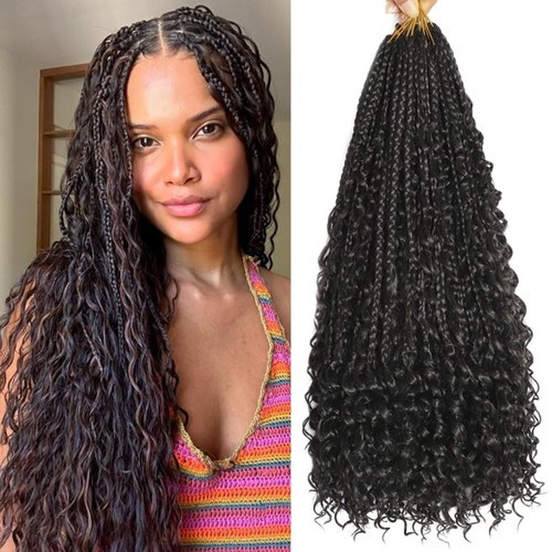 Goddess Box Braids Crochet Hair 18 Inch Crochet Braids Pre Looped Boho Braids Crochet Hair 8 Packs Crochet Hair for Black Women Crochet Box Braids With Curly Ends (18 Inch,2#)