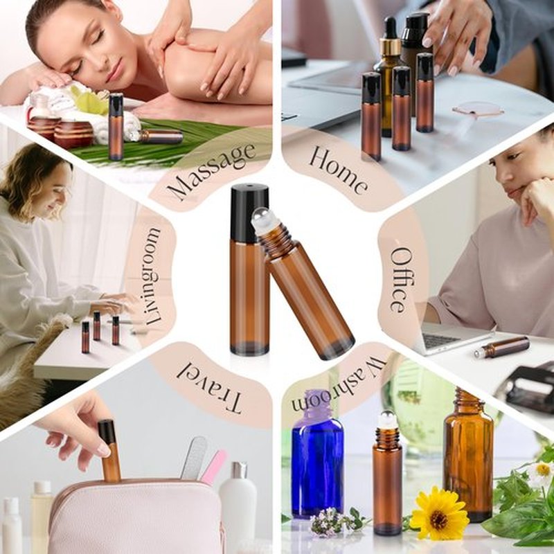 ZEJIA 10ml roller bottles for essential oils, 6 Pack Roll on Bottles, Amber Thick Glass Roller Bottles for Oils, with Stainless Steel Roller Balls, 2 Droppers