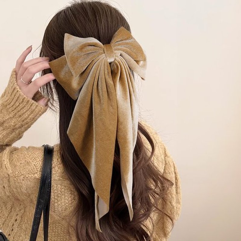 2pc Velvet Khaki Ribbon Hair Bows with Long Tail For Women Girls Oversized Bow-Knot French Hair Barrette Clips Clamp Fall Winter Early Spring Ponytail Holder Decorative Accessories