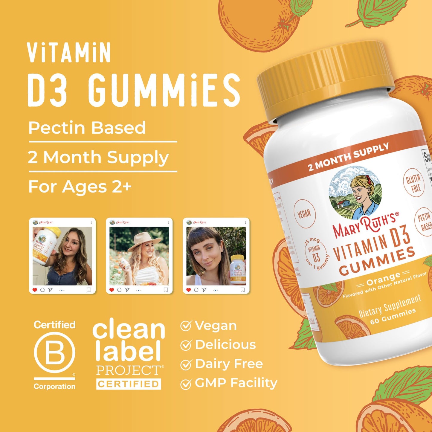 MARYRUTH'S Vitamin D3 Gummies | 2 Month Supply | Adults & Kids Vitamin D Gummy | Immune Support Supplement | VIT D3 1000IU for Bone Health&Muscle Function | Vegan | Non-GMO | Gluten Free | 60