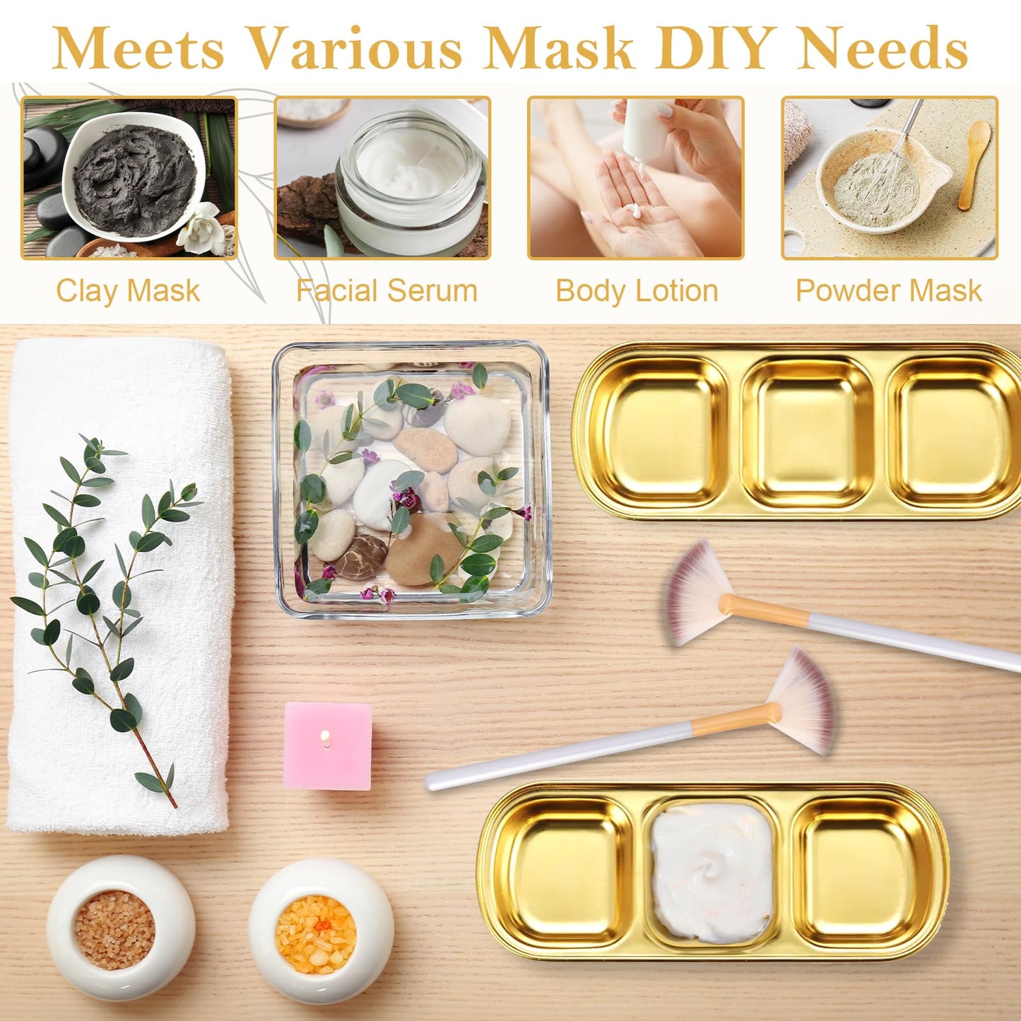 12 Pcs DIY Esthetician Bowls Face Mask Tray Facial Brushes Esthetician Gold Facial Supplies Kit 3 Compartment Stainless Steel Skincare Tray Fan Brushes Esthetician Facial Bowls for Spa Salon Nail