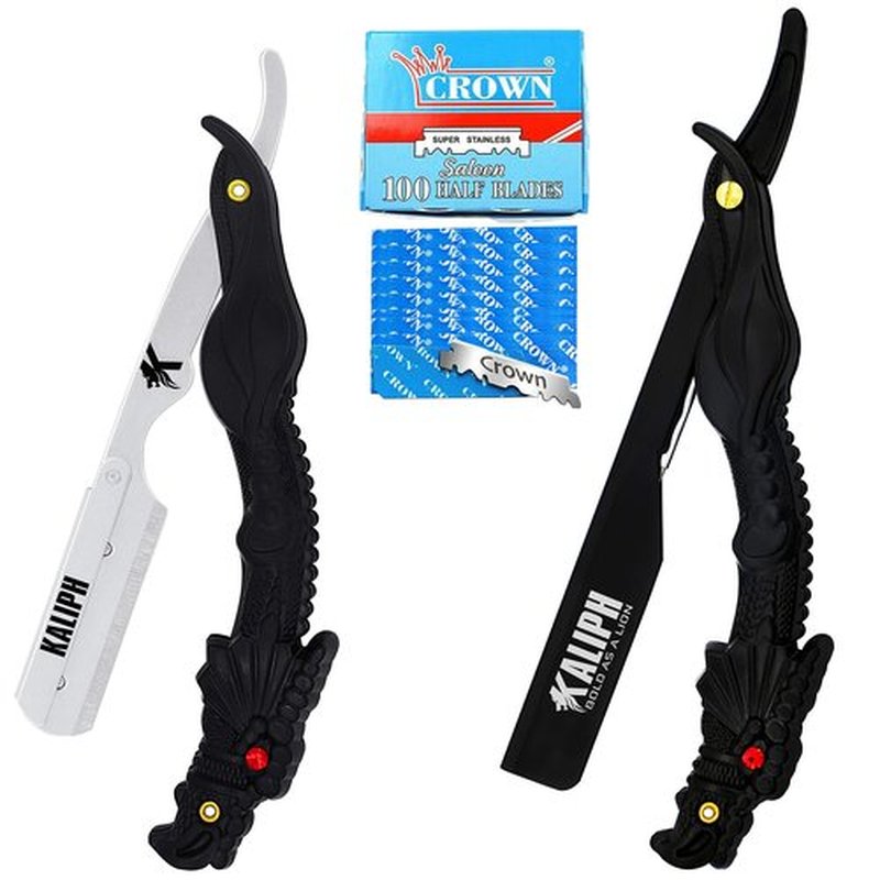 Kaliph Professional Barber Straight Razor - Premium Pack of 2 Straight Edge Razor with 100 Shaving Blades - Mens Manual Navajas Para Barbero Shaver Shavette Knife for Smooth Close Shaving (BLACK)