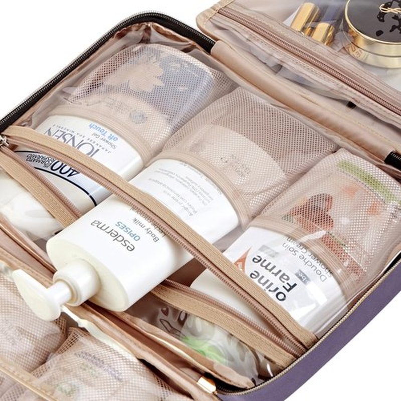 NISHEL Travel Toiletry Bag for women, Portable Hanging Organizer for Full-Sized Shampoo, Conditioner, Brushes Set, Makeup Accessories, Large Size, Purple