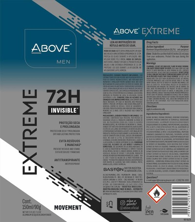 ABOVE Mens Deodorant Antiperspirant, 72 Hours (Extreme Men Movement) -Protects Against Sweat & Body Odor - Dry, No Stain & Moisturizing Instant Freshness - Deodorant Spray, Alcohol Free - 3.17 oz