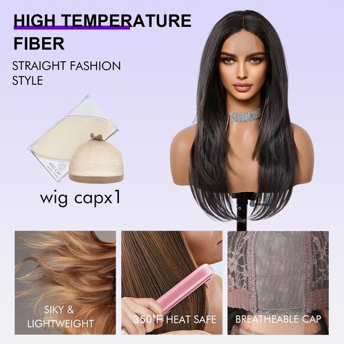 testar Long Black Wigs For Women Black Layered Wigs Lace In Hairline Natural Looking Heat Resistant Synthetic Wigs for Daily Party Use 26 In