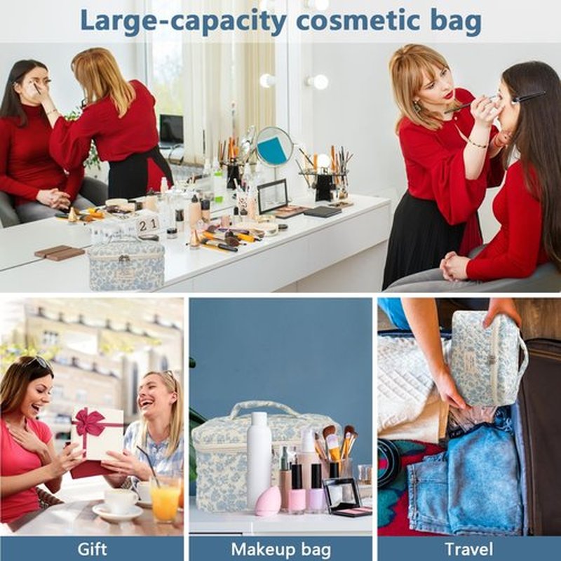 Large Makeup Bag, Cute Cosmetic Bag for Women Girls, Floral Coquette Aesthetic Toiletry Bag, Travel Make Up Organizer Bag (Blue Butterfly)