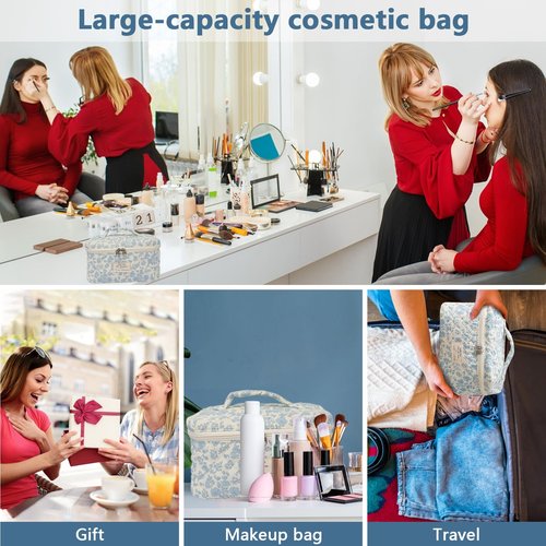 Large Travel Quilted Makeup Bag for Women,Big Floral Cotton Cosmetic Bag, Cute Coquette Aesthetic Floral Toiletry Organizer Bag (Plaid-Flower)