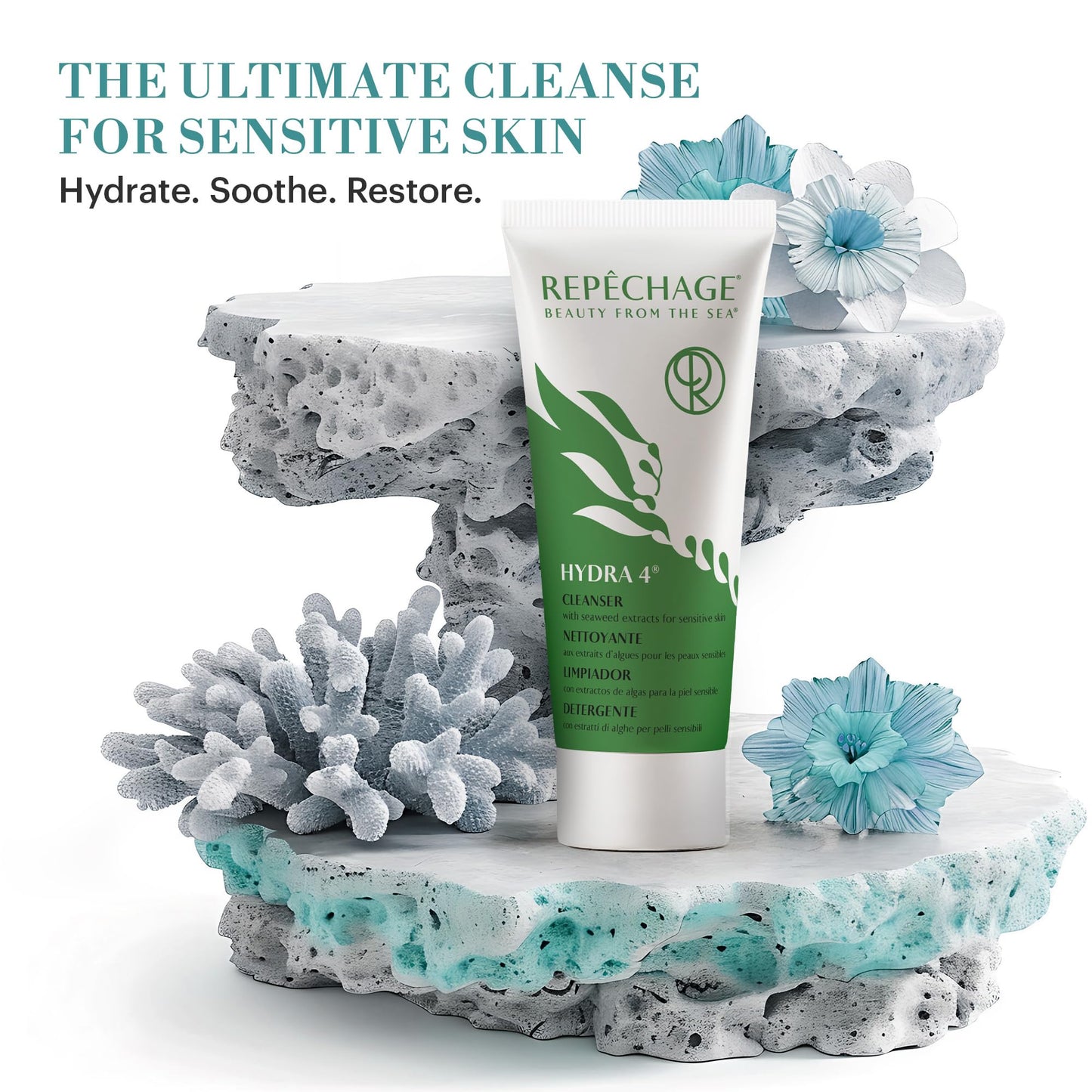 Repechage Hydra 4 Cleanser for Sensitive Skin – Gentle Daily Facial Cleanser with Seaweed Extracts, Coconut & Olive Oils, Lactic Acid for Light Exfoliation & Removes Makeup, Balances Skin, 177mL / 6oz