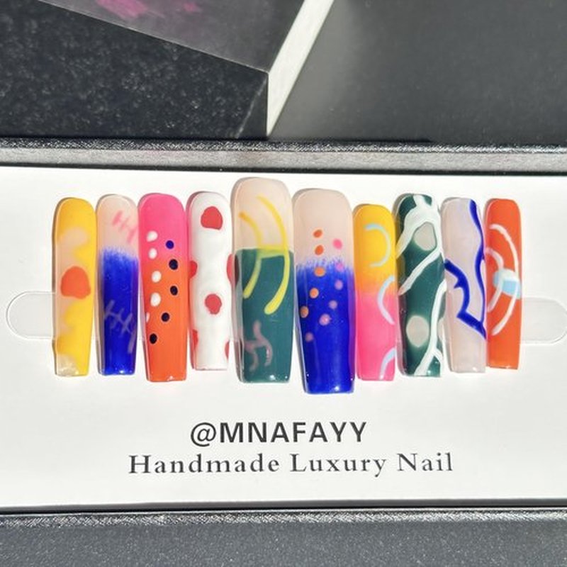 MNAFAYY 100% Handmade Nails HandPainted Extra Long Press On Nails Full Cover Luxury Gorgeous Reusable UV Finished Fake False Nails Acrylic Nail Kit With Box Gifts for Women Artist M