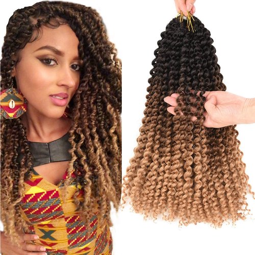 Passion Twist Hair 14 Inch Water Wave Synthetic Curly Crochet Braids for Passion Twist Crochet Braiding Hair Extensions Bohemian Curl 7 Packs (14inch, Ombre brown blonde)