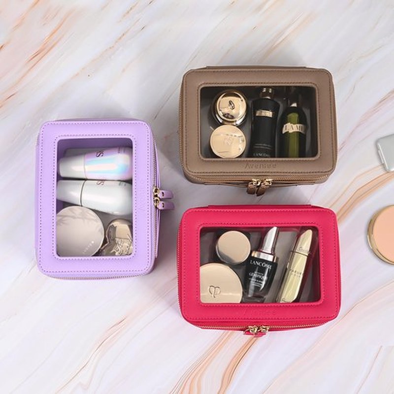 Aveniee Clear Makeup Bag for Women, Clear Cosmetic Case Travel Toiletry Bag, Heavy Duty Make up Bag Organizer with Clear Windows & Gold Zippers(Taupe)