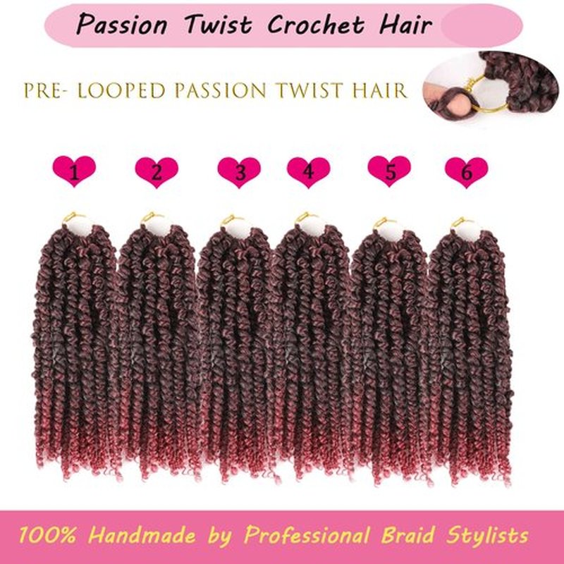 Pre-twisted Ombre Burgundy Passion Twist Hair 10 Inch 6 Packs Short Passion Twist Crochet Hair Bohemian Pre Looped Crochet Braids for Black Women Kids and Girls (10 Inch,T1B/Bug)