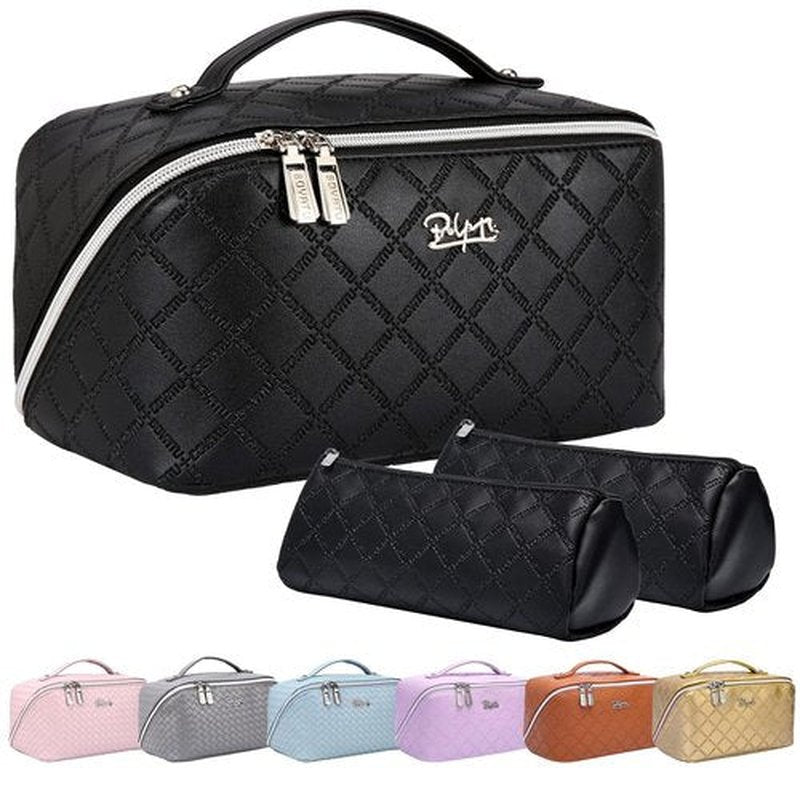 Travel Makeup Bags Cosmetic Organizer Bag: 3-Set Large Capacity Make up Bag - PU Leather Toiletry Bag for Women - Wide Open Portable Pouch with Divider & Handle (07-Black 6)