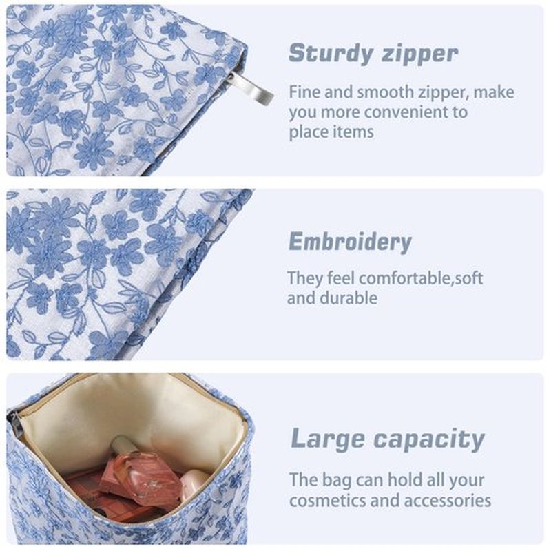 ZLFSRQ Daisy Flower Makeup Bag Travel Floral Cute Cosmetic Bags for Women Large Makeup Pouch Zipper Cosmetic Pouch for Purse Aesthetic Embroidery Blue Makeup Organizer Bag Portable Toiletry Bag