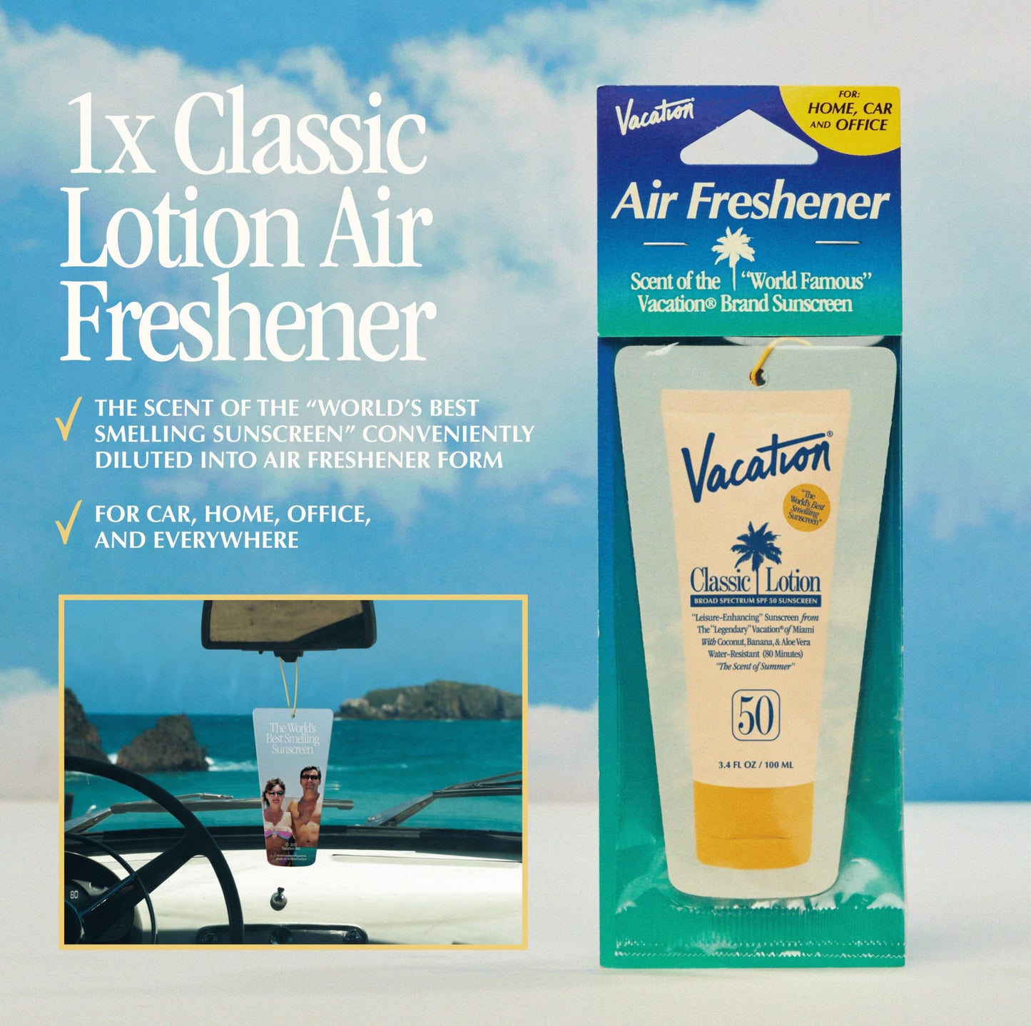 Vacation Classic SPF 50 Sunscreen Lotion and Air Freshener Bundle, 6 Fluid Ounces, Pack of 2 - Invisible, No White Cast, Water-Resistant, Dermatologist-Tested, Vegan