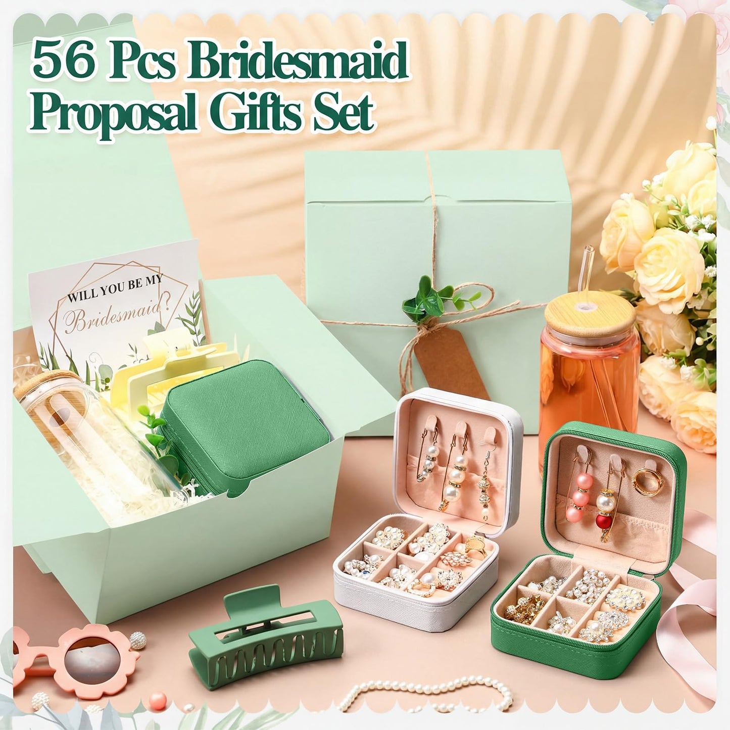 Quelay 56 Pcs Bridal Gift Set, 15oz Glass Cup, Mini Jewelry Box, Square Clips, Will You Be My Bridesmaid Invitation Card for Bridal Shower & Bachelorette Party(Classic,Green)