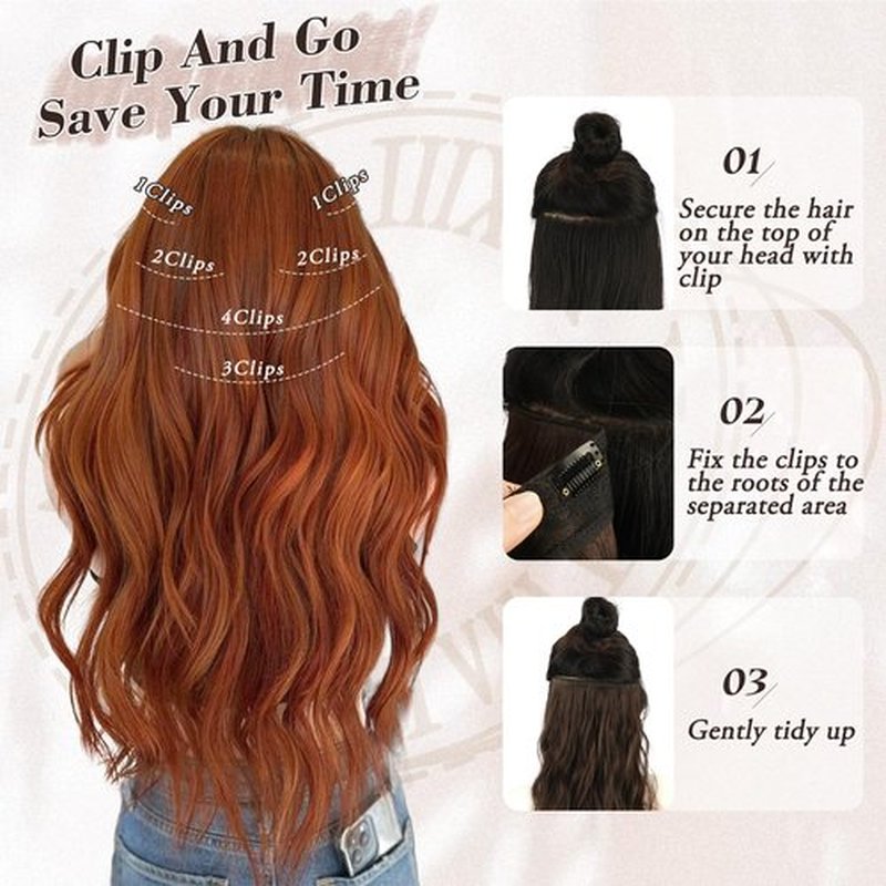 BARSDAR Copper Red Clip in Hair Extensions - 20 Inch Wavy Clip in Hair Extensions for Women - 6PCs Full Head Thick Soft Synthetic Clip in Hairpieces Daily Party Halloween - Copper Red