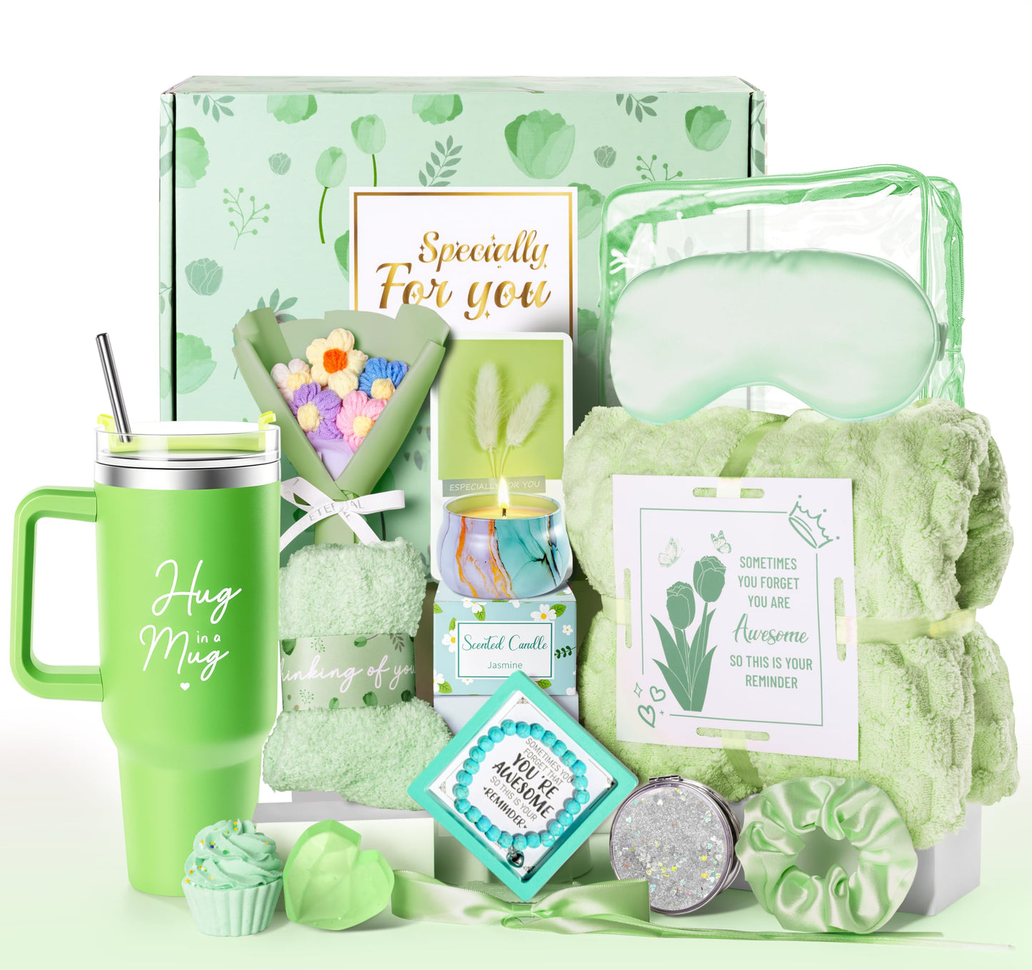 Aollewoiti 15 Pcs Get Well Soon Gift Baskets for Women, Mother's Day & Birthday Gifts for Mom, Wife, Friend, Care Package with Soft Blanket & Insulated Tumbler, Green