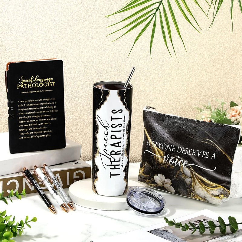Speech Therapy Gifts - 6-Piece SLP Appreciation Set | 20 oz Tumbler, Makeup Bag, A6 Notebook, Pen - Perfect for Graduation & Birthdays (Black)